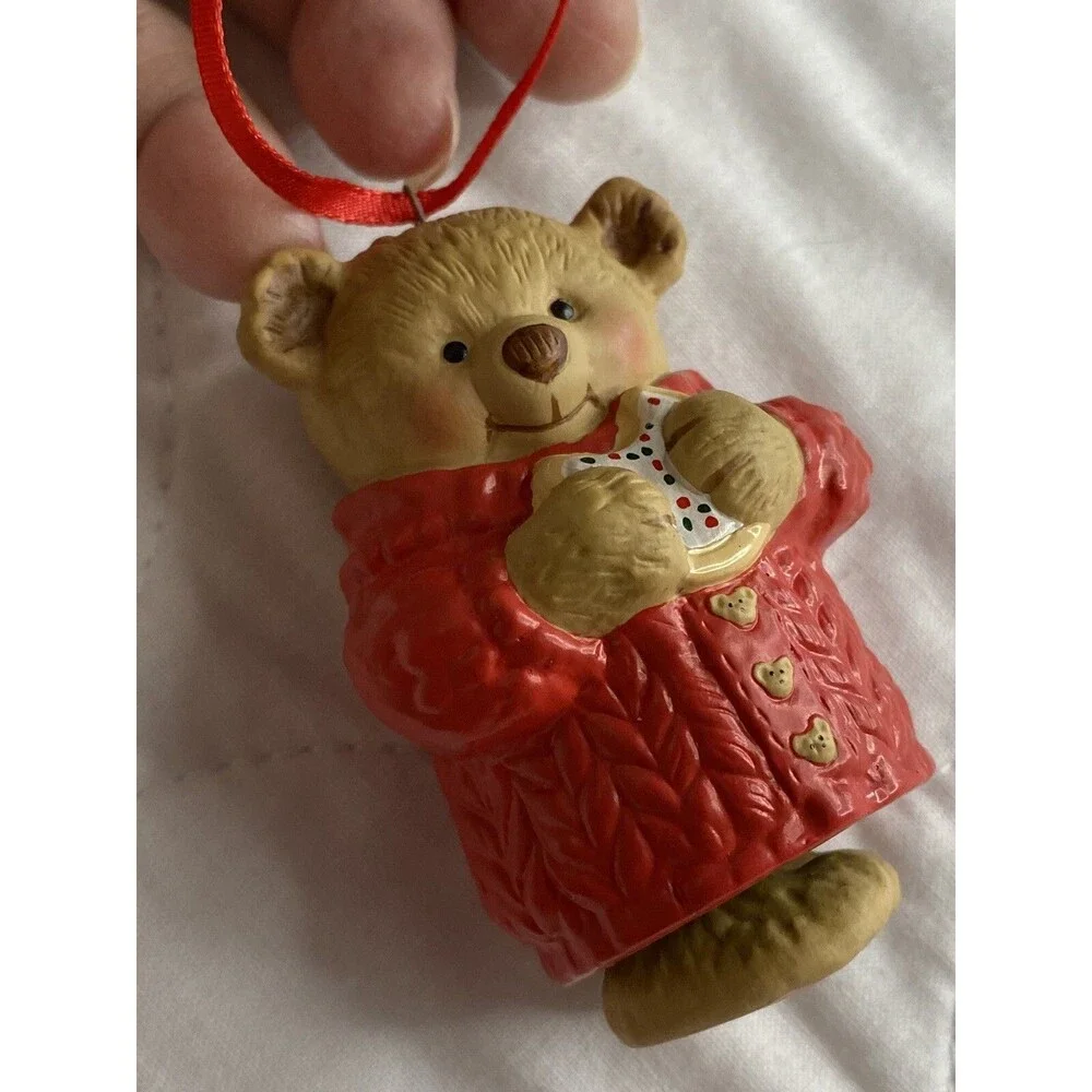 Vtg Christmas Ornament 2001 Hallmark Keepsake Snuggly Sugar Bear Bell Porcelain.